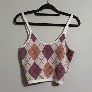 Argyle Knit Crop Top Sweater Tank‎ Sleeveless Cottagecore Academia Size S